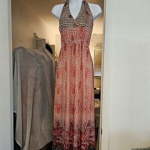 Charlotte Russe XS Halter Dress Lace Print in Orange Cream & Brown